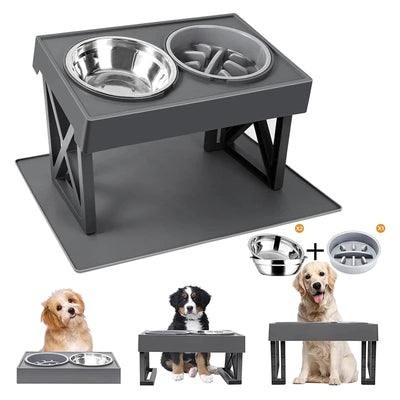 MADDEMCUTE Dog Bowl Stand with Mat 3 Adjustable Heights10° Tilted Elevated Dog Bowls with 1 Slow Feeder Dog Bowl & 2 Stainless Steel Dog Bowls for Small Medium Large Breed