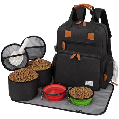 Modoker Dog Travel Bag Airline Approved Backpack for Pet Accessories Organizer Tote Weekend Bag with 2 Dog Food Storage Containers 2 Collapsible Dog Bowls 1 Pet Mat Black